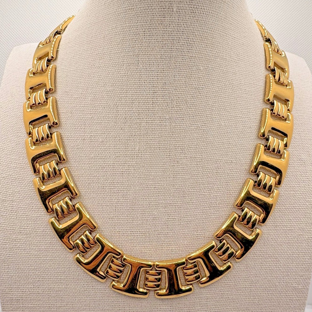 Vintage Monet Geometric Link Gold Tone Choker Necklace 80s Chunky 16"